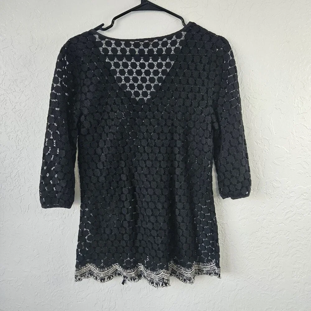 Womens Black Lace Dot Sheer  Blouse Sz Lg Fairy Grunge Goth Witchy Boho Office